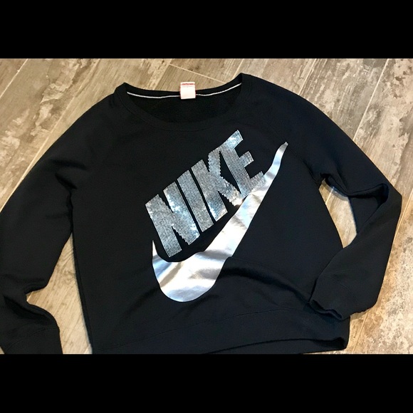 Nike Tops - Nike women’s sweatshirt sequin silver swoosh NEW